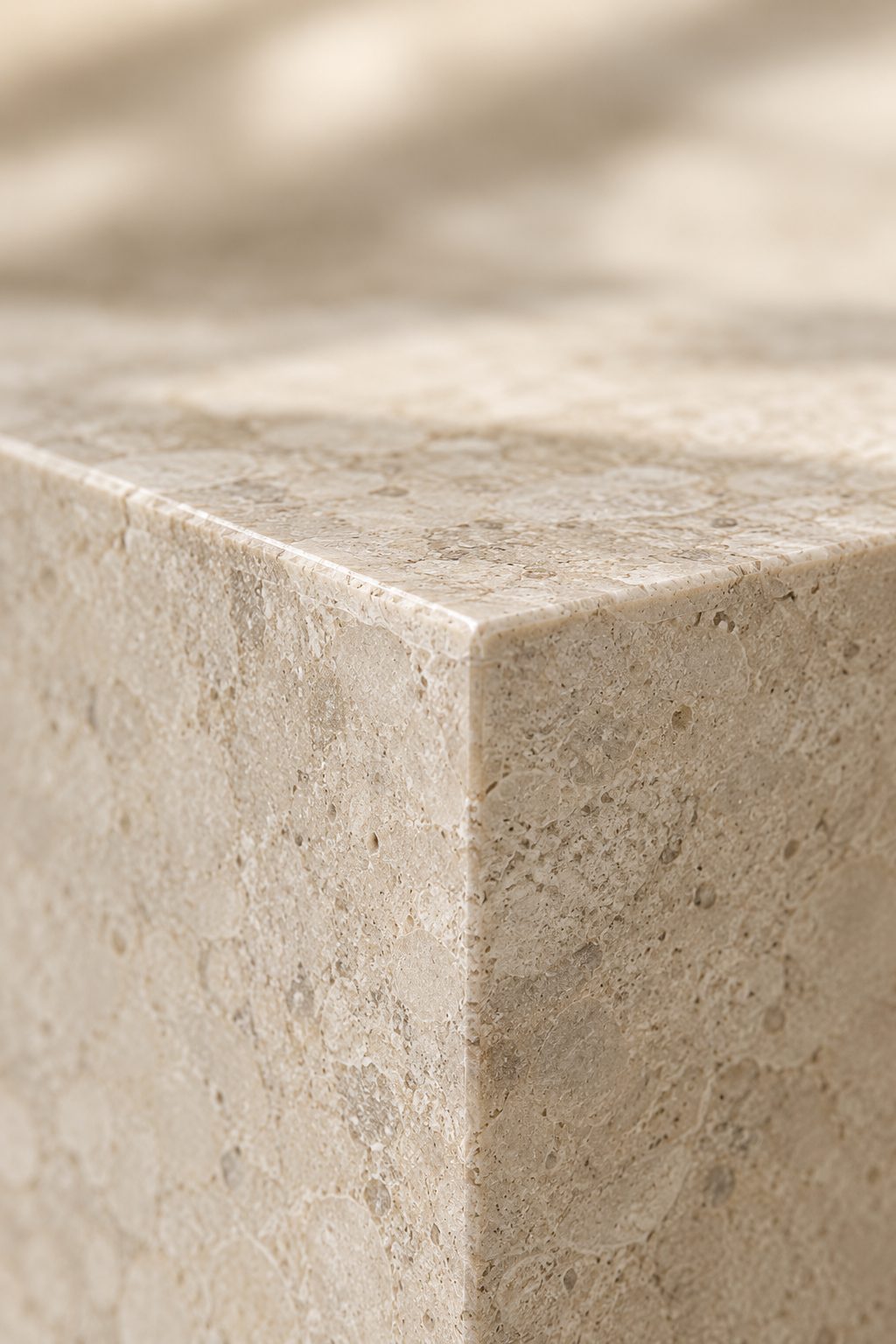 Mitered edge of a warm stone countertop, shown as material inspiration
