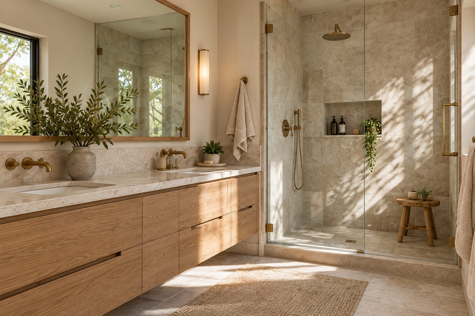 Bright bathroom with an oak double vanity and a glass walk-in shower, shown as design inspiration
