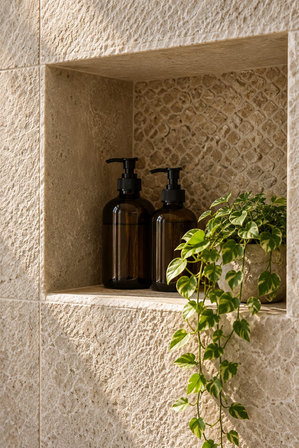 Tiled shower niche with bottles and a trailing plant, shown as material inspiration