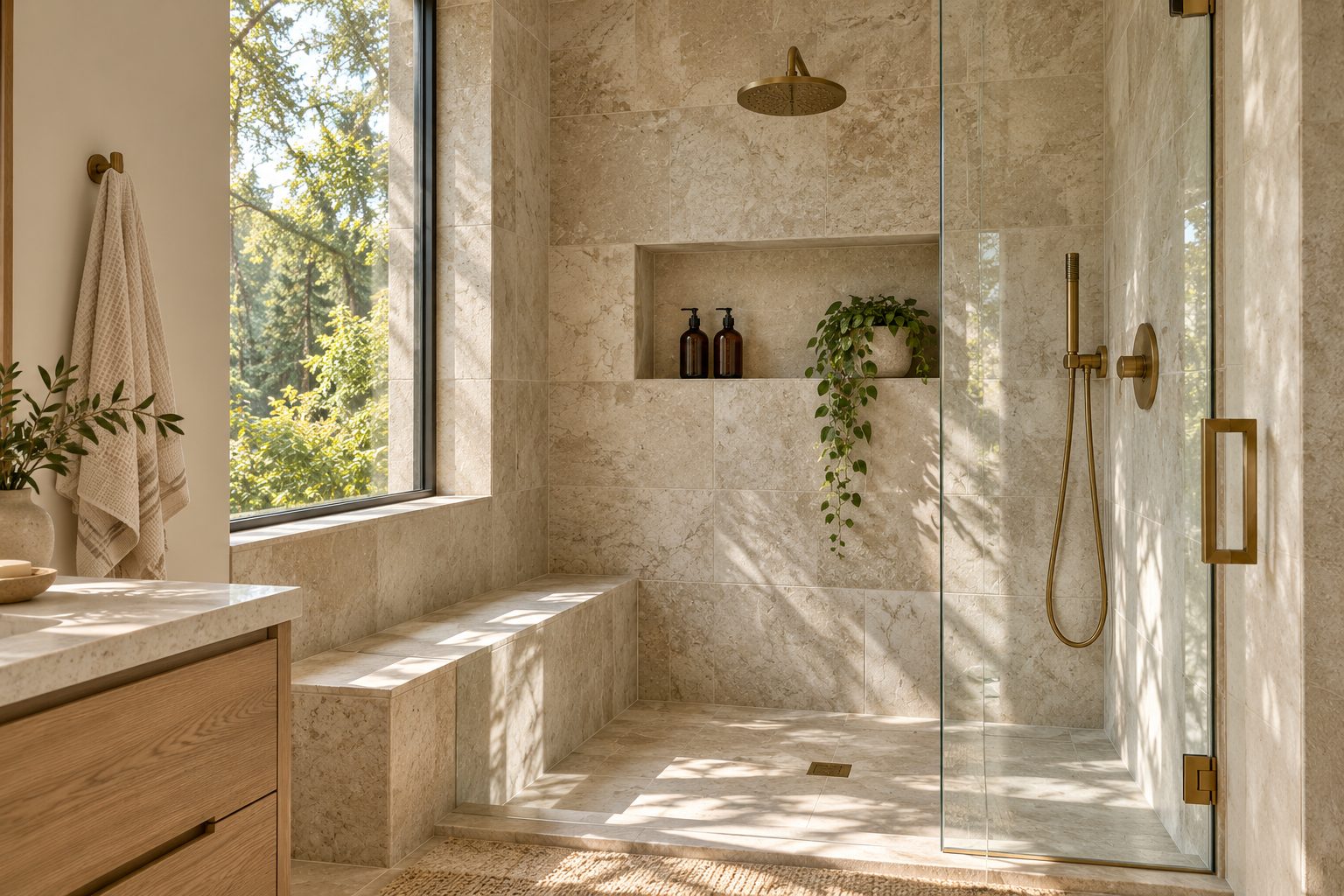 Walk-in shower with a recessed niche and brass fixtures by a window, shown as design inspiration