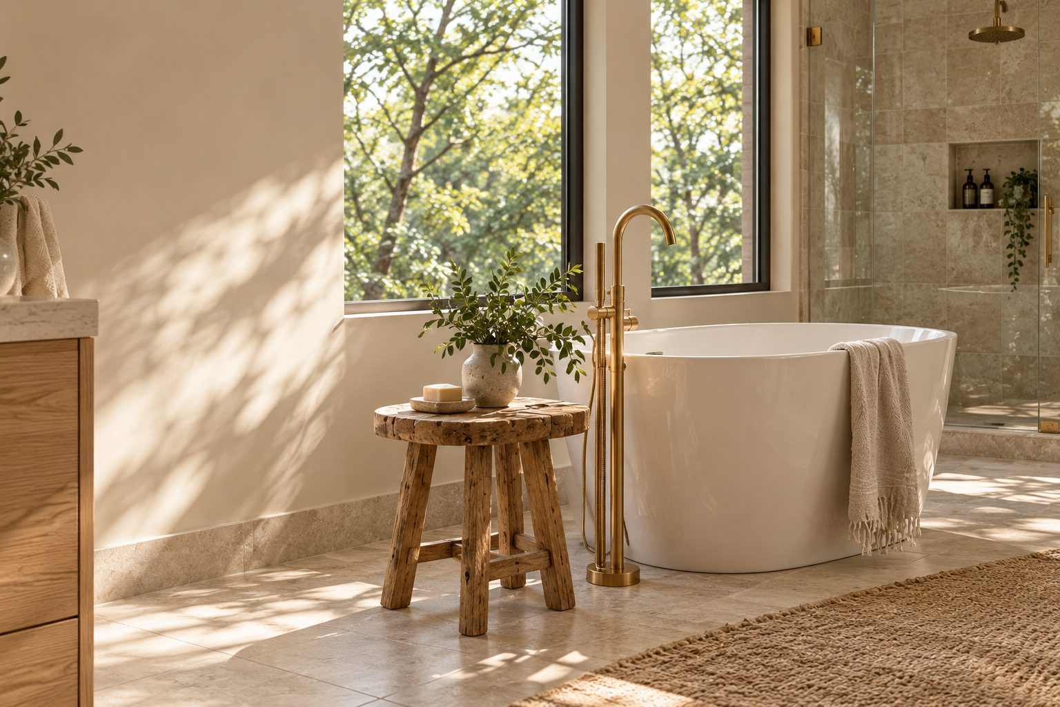 Freestanding tub with a brass filler by a window, shown as design inspiration