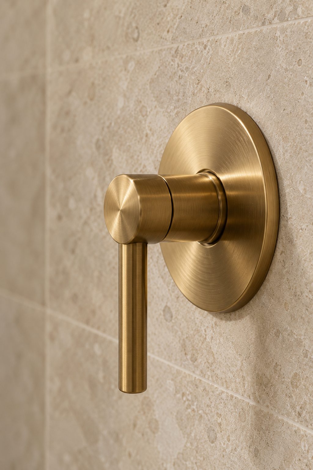 Brushed brass shower valve on a stone wall, shown as material inspiration