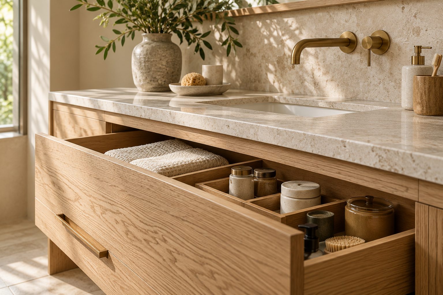 Oak vanity with an open drawer of towels and toiletries, shown as design inspiration
