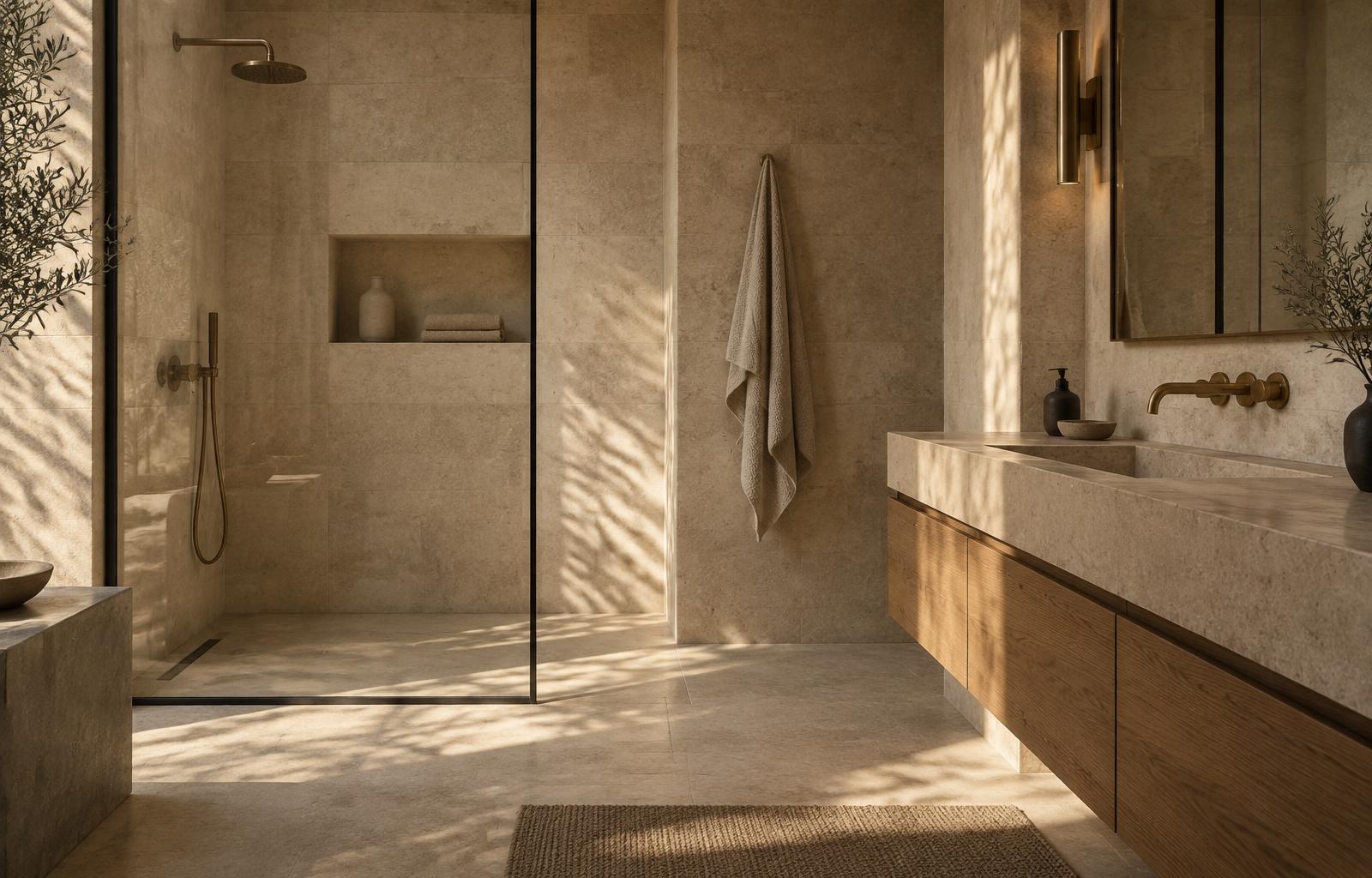 Bathroom remodel with a glass panel walk-in shower, floating oak vanity and large format stone tile