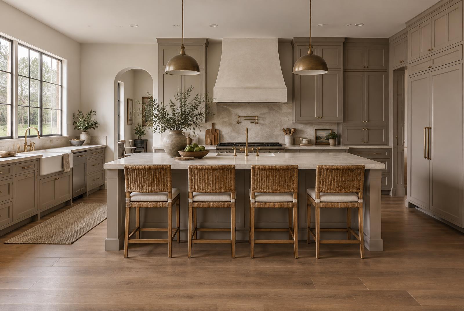 Warm taupe kitchen with limestone counters and aged brass details, shown as design inspiration
