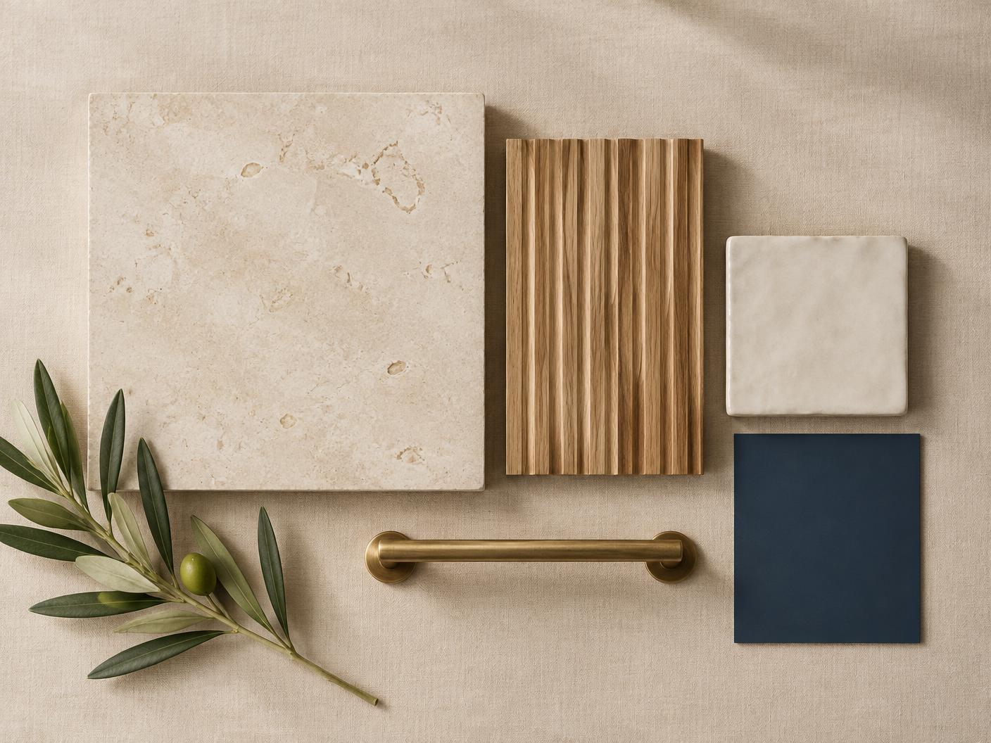 Limestone, oak, handmade tile, deep ink and brushed brass material palette