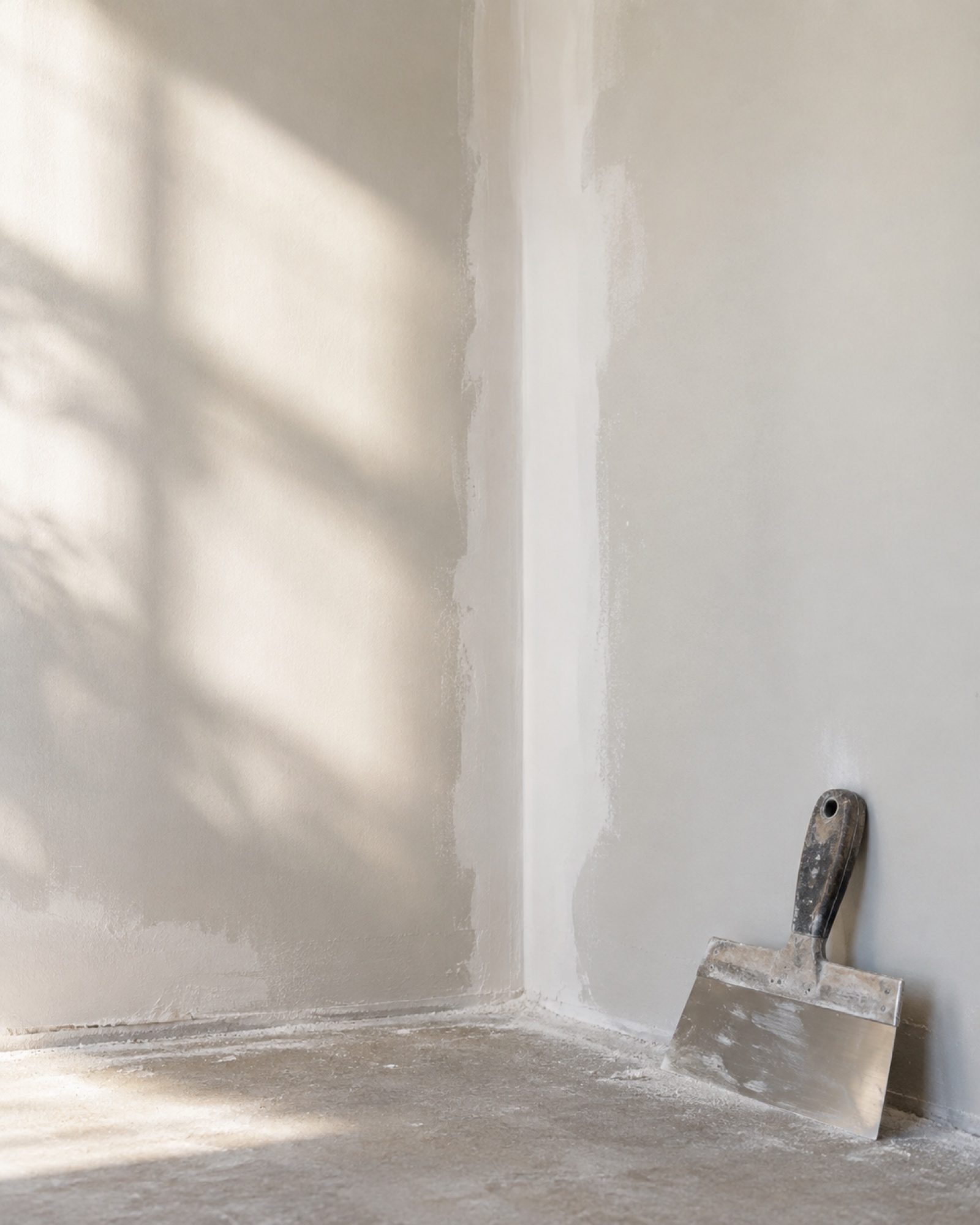 Taped and sanded, feathered seams, knife-finished corner. Material study for Drywall Repair.