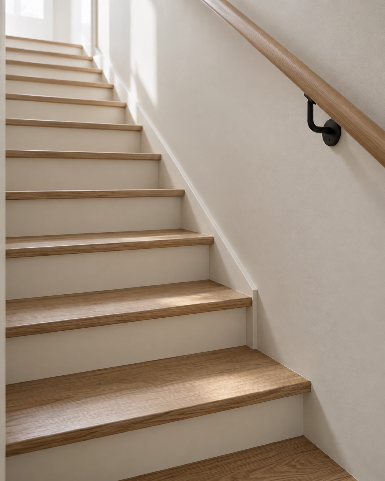 Stair and landing, white oak treads, painted risers. Material study for Basement and Garage Conversion.
