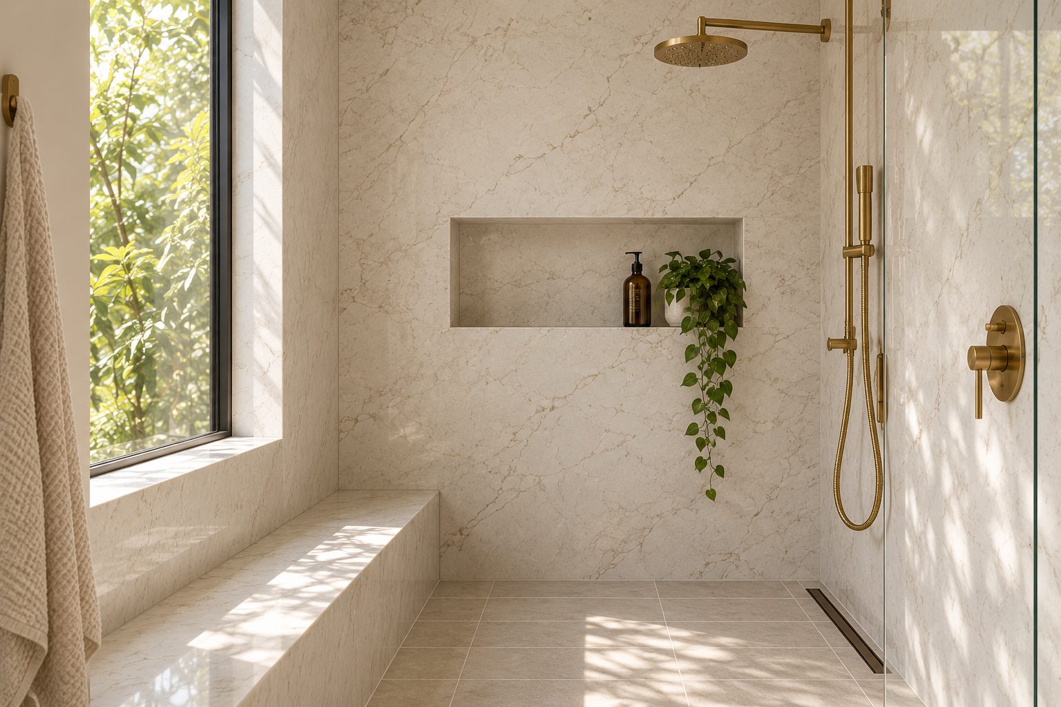 Shower lined in large quartz panels with a bench and niche, shown as design inspiration