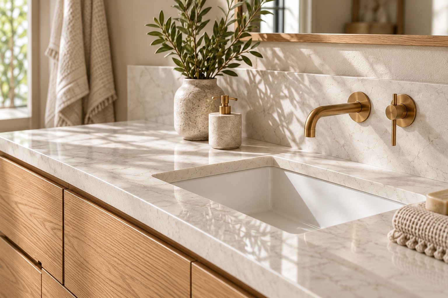 Quartz vanity top with an undermount sink and brass faucet, shown as design inspiration